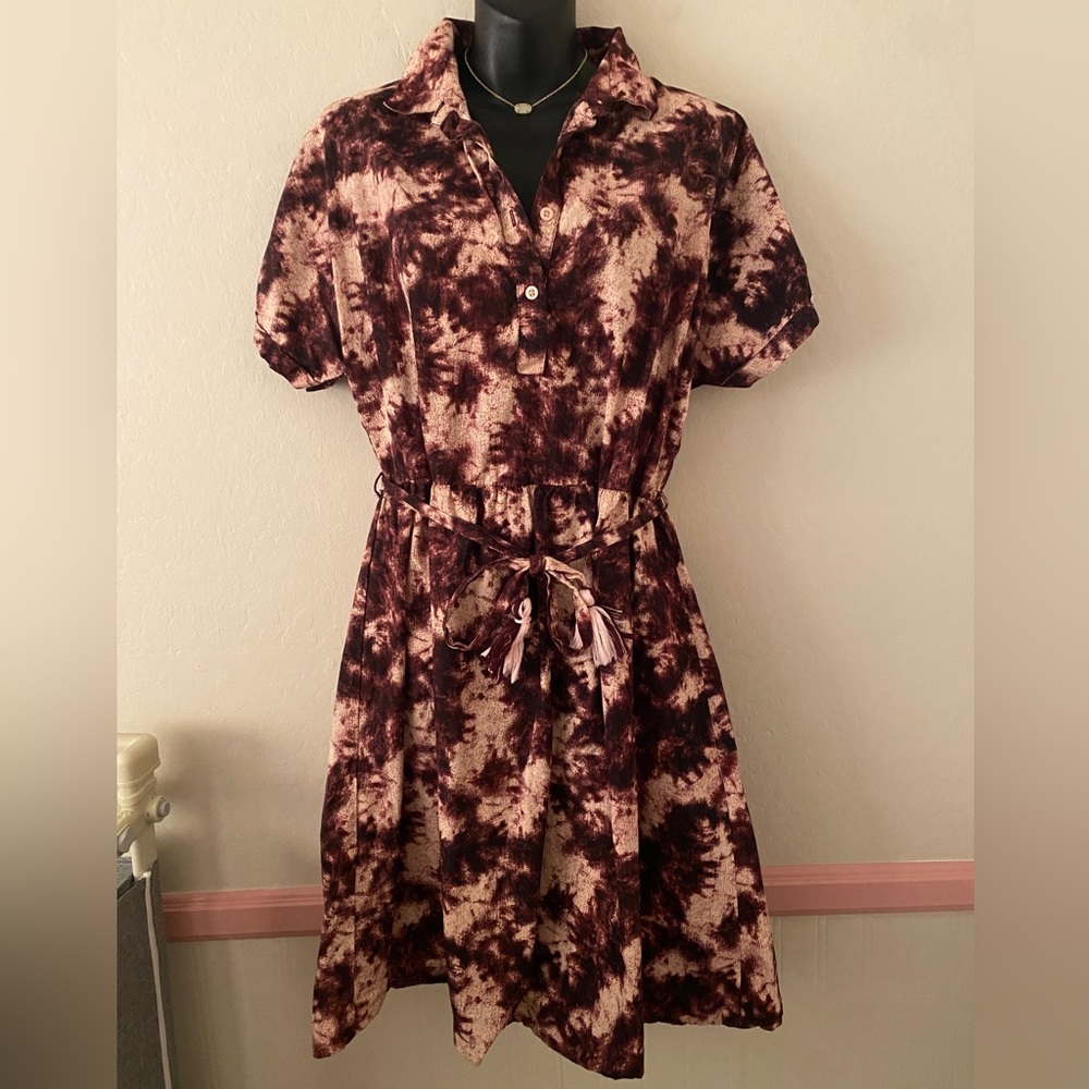 Tie-Dye Collared Midi Dress in Brown and Cream